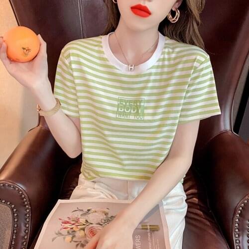 2021summer stripe Women T-shirt Harajuku Short-Sleeved Women Cotton Loose Korean Female Clothes