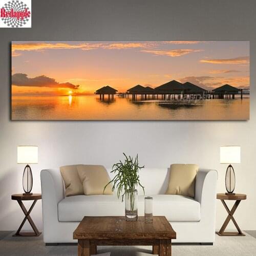 Large diamond embroidery cross stitch sea house Sunrise Natural Landscape diamond painting full square round drills mosaic paint