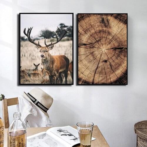 HD Mountain Landscape Animal Deer Picture Nature Wood Growth Ring Scandinavian Poster Nordic Wall Art Canvas Painting Home Decor