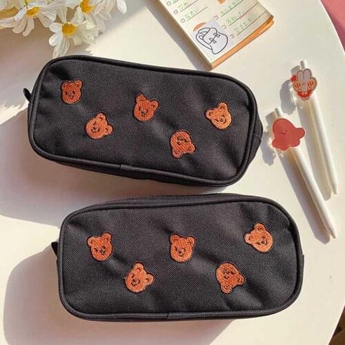 Kawaii Cartoon Bear Embroidery Pencil Bag Student Large Capacity Handbag Cosmetic Storage Bag Korean Stationery School Supplies