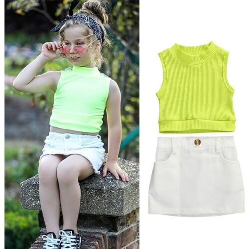 2Pieces Summer Suit Set for Kids Girl Fashion 2021 Solid Color Sleeveless Green T-Shirt+White Package Hip Skirts Toddler Clothes