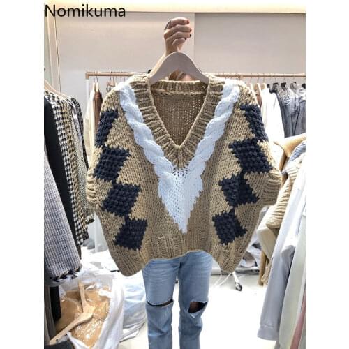 Nomikuma Elegant V-neck Hit Color Twisted Sweater Causal Sleeveless Short Knitted Pullover 2020 Autumn Winter New Pull Top 6D665