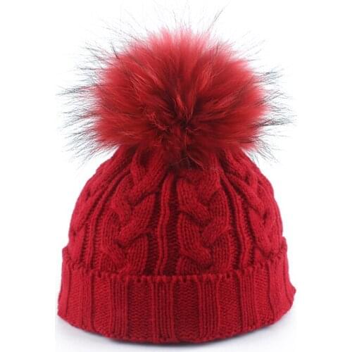 2019 New Kids Beanie Hat Baby Twist Knitted Cap Real Fur Pompom Hat Pompon Skullies Beanies