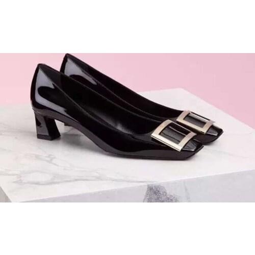 New Womens Pumps Shoes Bride Shoes Metal Buckle Chunky Heels Square Mid Heel Patent Leather Shoes Womens Wedding Shoes