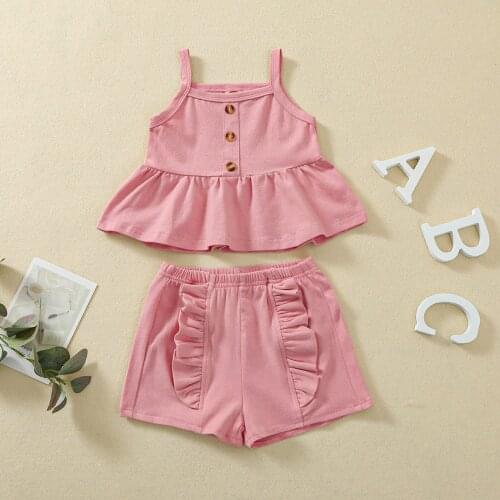 Toddler Baby Solid Color Two-pieces 100% Cotton Clothes Infant Girl Round Collar Sleeveless Tops + Elastic Short Pants Set 6M-4T