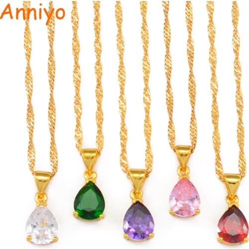 Anniyo Small Water Drop Colored Stones Necklaces Women Girls,Charm Red Green Pink Purple Whtie Pendant Chain Jewelry #200825