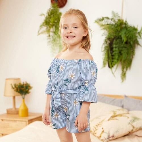 PatPat 2020 New Summer Baby Girls Clothes Toddler Floral Print Striped Off Shoulder One Pieces Rompers