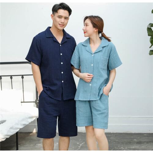 High Quality Pure Cotton Men and Women Pajama Sets Casual Soft Home Costumes Summer Double Layer Cotton Sleepwear Short Sleeve
