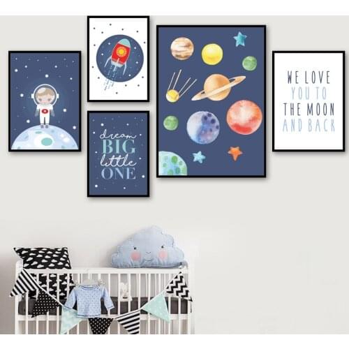 Planet Rocket Astronaut Big Quote Wall Art Canvas Painting Cartoon Nordic Posters And Prints Wall Pictures Baby Kids Room Decor