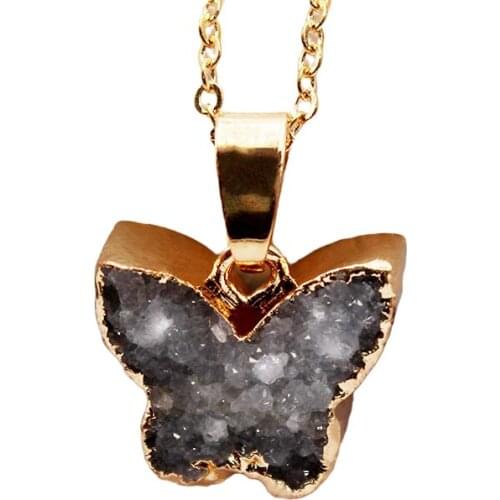 Butterfly Shape Genuine Druzy Pendant Healing Crystal Goldtone Plated Coated DIY Stone Slice Charm Necklace