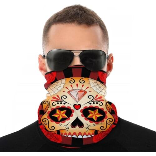 Red Sugar Skull With Roses Magic Scarf Half Face Mask Halloween Tube Mask Neck Bandana Protective Headband Biking Climbing