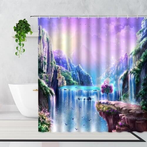 Fantasy Forest Scenery Shower Curtain Purple Waterfall Stone Landscape Bedroom Decoration Curtains Set Waterproof Bathtub Screen