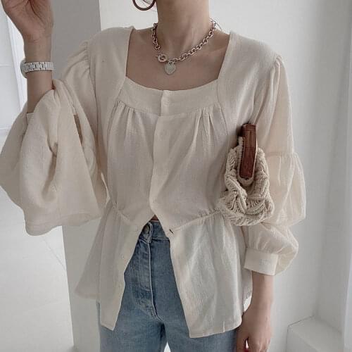 Women Blouse Casual Solid Color Square Collar Long Sleeve Korean Single Breasted Loose Design