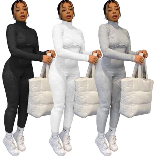 Ribbed Casual fashion tight Autumn jumpsuit solid color stand collar Women Long Sleeve Sexy Rompers
