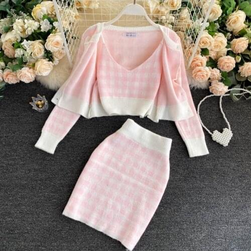Sweet Girl Pink/Purple Knit 3 Piece Sets Women Plaid Cardigans + Camisole + Mini Skirts Short Sweater Sets Women Outfits