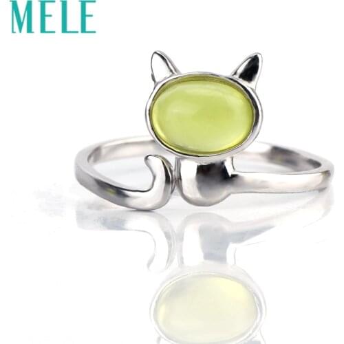 MELE Natural 5X7mm Oval cut prehnite rings for women,925 sterling silver fine jewelry with cute cat shape simple and fashion