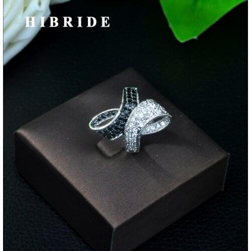 HIBRIDE Elegant Angel Wing Feather Full Cubic Zirconia Pave Women Bridal Engagement Ring Jewelry Addiction R-06