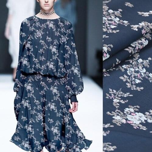 110CM Wide 12MM Floral Print Thin Blue Silk Georgette Fabric for Summer one-piece dress Shirt Clothes J098