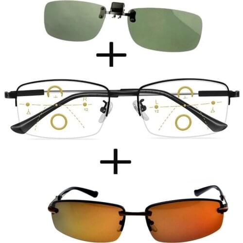 3Pcs!!! Titanium Progressive Multifocal Reading Glasses Men Women + Alloy Polarized Sunglasses High Quality + Sunglasses Clip