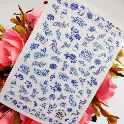 3D Nail Art Sticker Blue Flowers Pattern Totem Self Adhesive Stickers for Nails Decoraciones foil Manicure Slider Accesorios