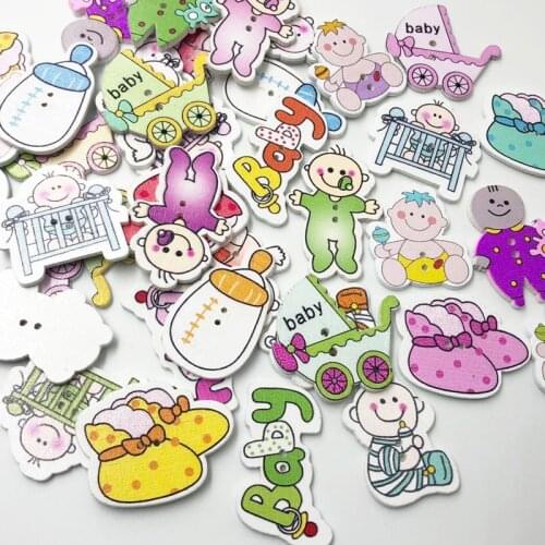50 pcs Random Mixed 2 Holes Pattern Lovely Baby Wood Sewing Buttons Scrapbooking WB600