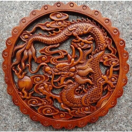 Delicado redondo chino tradicional artesanía clásica alcanfor madera colgante de pared-dragón