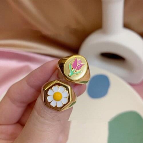 Vintage Metal opening Ring For For Women Girls Daisy Tulip Plant Fashion Charm Cute Colorful Geometric Rings Jewelry Gifts New