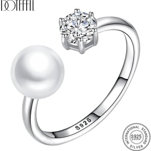 DOTEFFIL New 925 Silver Zircon Inlay Ring Resizable Natural Freshwater Pearls Ring Classic Jewelry Women Party Christmas Gift