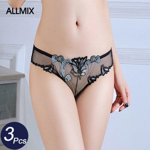 ALLMIX 3Pcs/lot Sexy Womens Transparent Lace Panties Set Hollow Out Embroidery Thongs Low Waist Fashion Female Comfort G-String