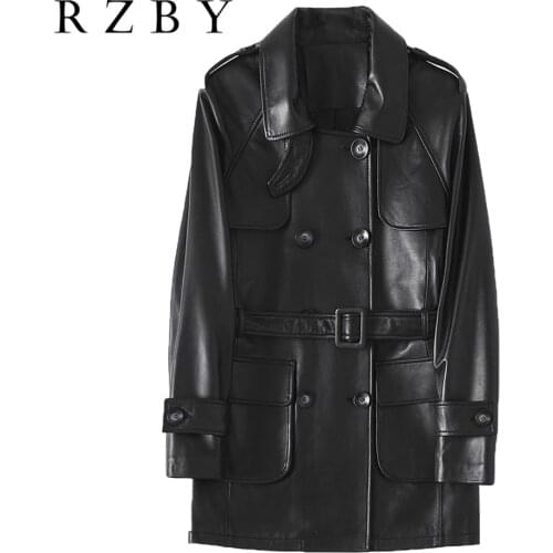 100% Real Natural Sheepskin Winter Abrigos Borregillo Mujer Genuine Leather Jacket Double Breasted Women Trench Coat RZBY256