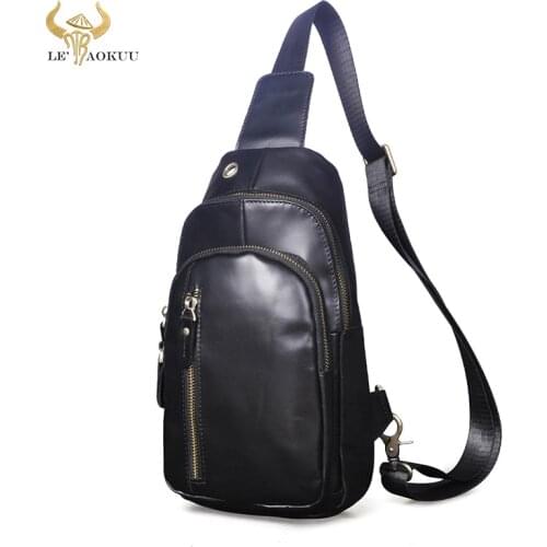 Men Soft Oil Wax Leather Fashion Triangle Chest Sling Bag Designer Travel One Shoulder Strap Cross-body Bag Daypack Male 8005