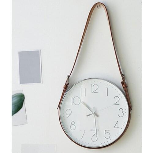 Wall Alarm Clock Nordic Movement Glass Home Decor Paux Leather Belt Hanging Bell Unique Fashion Gift Round Dial Clock Home Decor