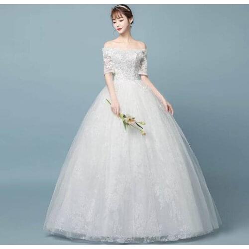 Boat Neck Empire Half Sleeves Wedding Dress Floor-Length White New Lace Up Embroidery New Plus Size Wedding Gowns For Women G241