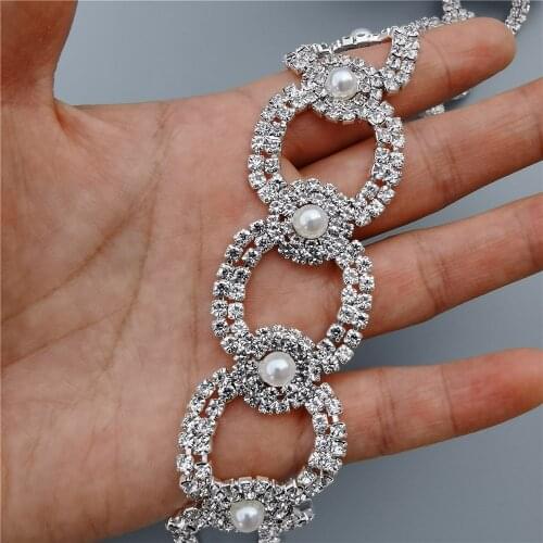 12 inches Silver Crystal Rhinestones Trim Circle Pearl Blinking Crystal Metal Chain For Dress Bag Shoes Accessories Decoration