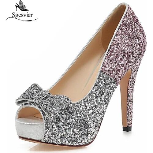 Sgesvier Glitter Bling Platform Peep Toe Bowtie Extreme High Heel Pumps for Women Mix Colors Party Night Club Slip-On Shoes B427