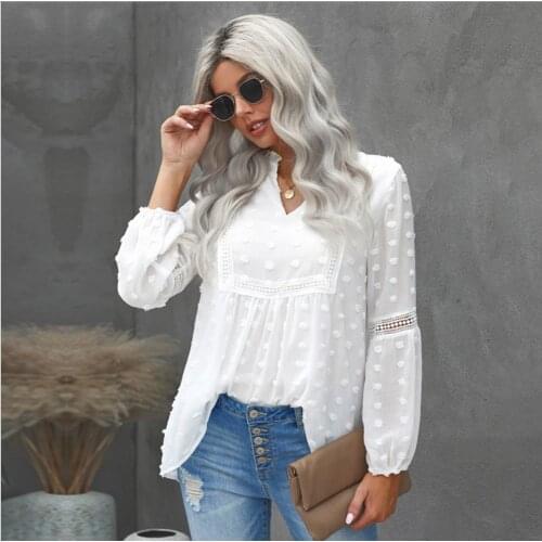 Silmplee Casual Dot Embroidery Lace Stitch Women Blouse Spring Ruffled V-neck Lantern Sleeves Shirts Solid Elegant Mesh Tops New