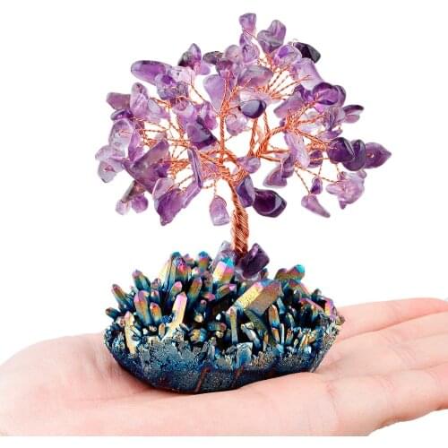 TUMBEELLUWA Crystal Tree Rainbow Aura Titanium Quartz Cluster Base Bonsai Lucky Money Tree Sculpture Home office Decoration
