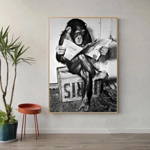 Funny Monkey Business Black White Art Picture Poster and Print on The Wall Reading Newspaper Painting Washroom Restroom Decor