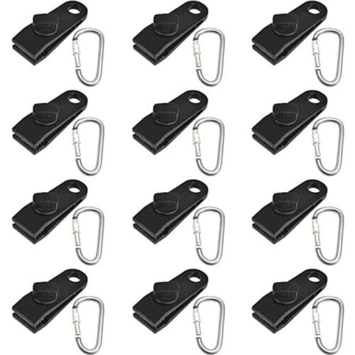 12 Pcs Black Tarp Clips Camping Awning Tent Clamp Clips & Tent Tighten Lock Grip for Outdoors Camping with Aluminum D-Ring Locki