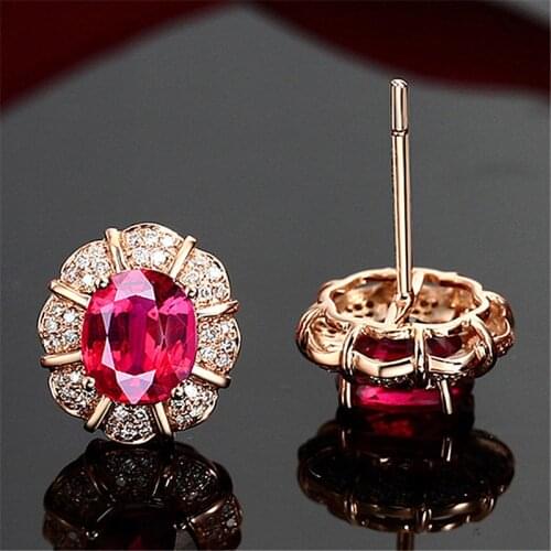 Luxury Female Red Crystal Stud Earrings For Women Vintage Rose Gold Color Wedding Jewelry Dainty Crystal Flower Valentines Day