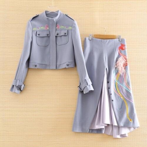 Autumn And Winter Woman Two Pieces Set Wool Embroidery Phoenix Top+ Elegant Lady A-line Skirt Lady Suit Female S-XL