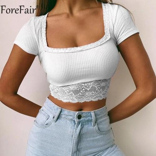 Forefair Summer Knitted Ribber White Crop Top Women Tee Lace Floral Short Sleeve Square Collar Black Sexy T Shirt 2021 Casual