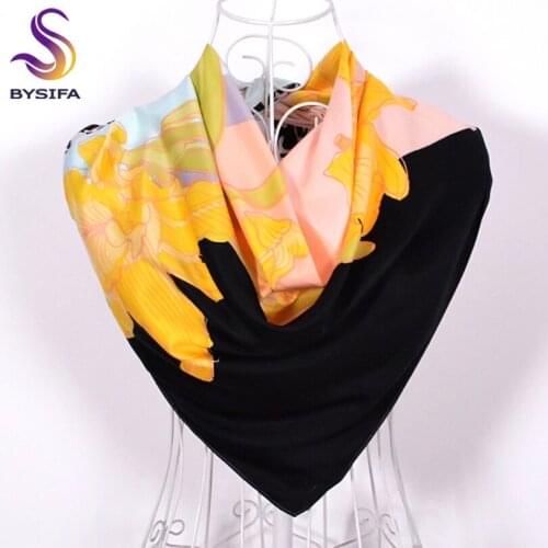 [BYSIFA] Winter Leopard Print Square Scarves Spring Autumn Daylily Women Men Yellow Large Silk Scarf Shawl Cachecois 90*90cm