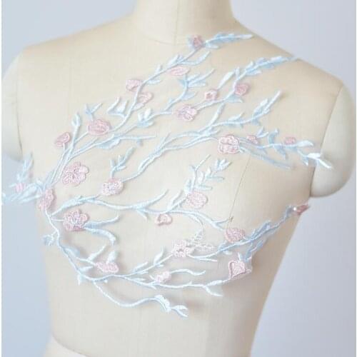 1 Piece Sewing Lace Fabrics 38*31cm Blue Pink Embroidery Flower Large Lace Applique For Wedding Dress Bridal Gown