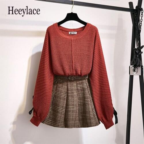 2019 Pullover Knitting Sweater + Lattice Short Skirt Suit Twinset women teo pieces set fall winter set clothing 2019