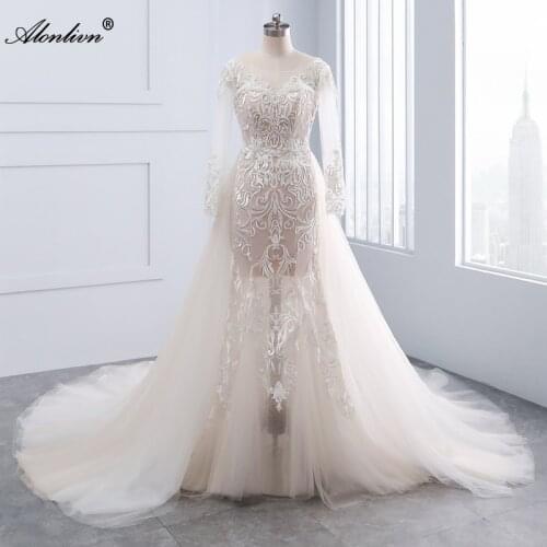 Alonlivn Real Photo Beaded Pearls 2 In 1 Mermaid Wedding Dresses Full Sleeves Appliques With Removable Bridal Skirts