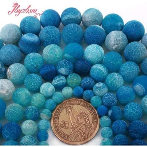6/8/10/12mm Natural Agates Blue Round Cracked Frost Matte Loose Stone Beads For DIY Necklace Bracelets Jewelry Making Strand 15"