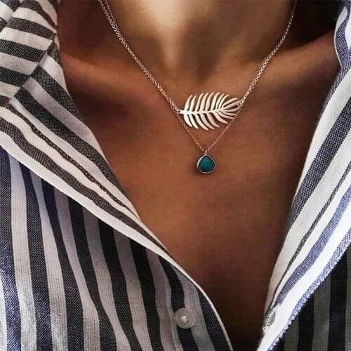 2 Pcs/Set Bohemian Vintage Leaf Water Drop Gem Silver Color Multilayer Chain Pendant Long Necklace Women Party Birthday Gift