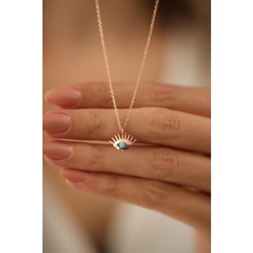 Womens Eye Model Turquoise Stone Rose Plated 925 Sterling Silver Italian Necklace