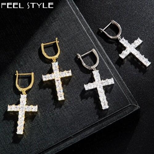 Hip Hop 1Pair Micro Paved Cross Full Bling Iced Out Earring Cubic Zircon Gold Gold Charm Stud Earrings For Men Hip Hop Jewelry